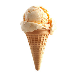 A single scoop of orange sherbert ice cream in a sugar cone.