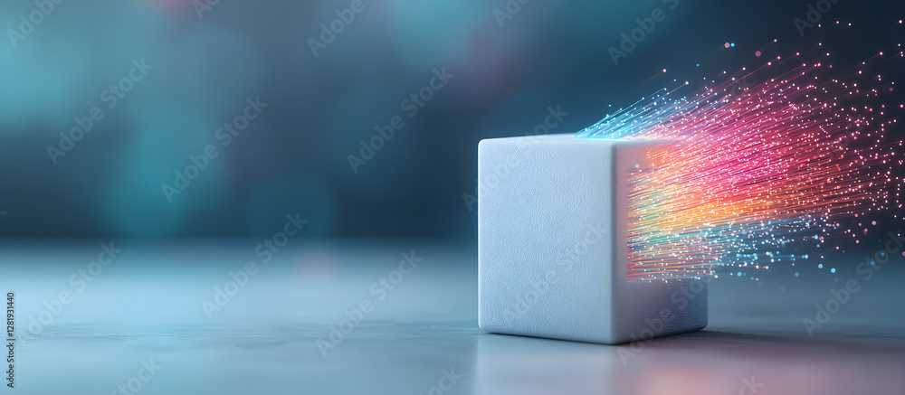 Poster a cube is shown with a colorful explosion of light coming out of it