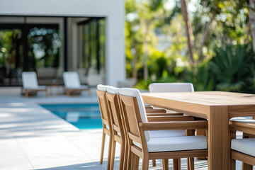 Poolside dining area with modern wooden furniture
