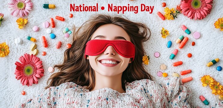Red Sleeping Mask with 'National Napping Day' Text, Surrounded by Flowers and Pills on White Background, Flat Lay