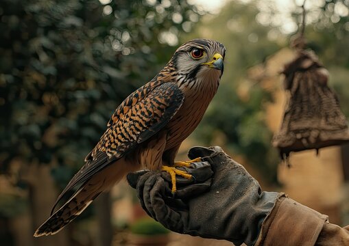 Falcon perched on gloved hand in garden setting