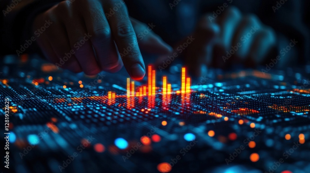 Poster hands manipulating a glowing data visualization on a futuristic digital interface at night