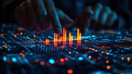 Hands manipulating a glowing data visualization on a futuristic digital interface at night
