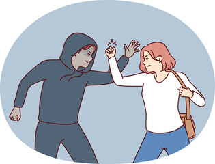 Strong woman fights back against thief by showing self-defense techniques to man who tried to steal purse and commit crime. Self-defense and martial art concept of krav maga against street thug