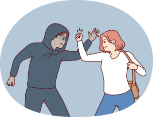 Strong woman fights back against thief by showing self-defense techniques to man who tried to steal purse and commit crime. Self-defense and martial art concept of krav maga against street thug