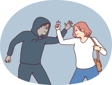 Strong woman fights back against thief by showing self-defense techniques to man who tried to steal purse and commit crime. Self-defense and martial art concept of krav maga against street thug