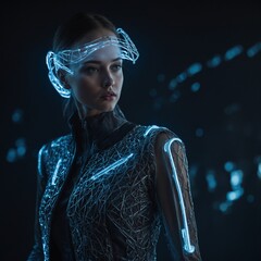 AI-designed futuristic fashion with glowing textiles and smart materials