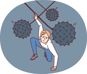 Brave man dodges prickly balls suspended from chain, symbolizing business problems and obstacles to success. Guy demonstrates leadership qualities by overcoming problems and adapting to situation
