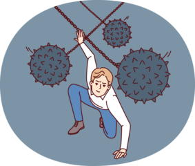 Brave man dodges prickly balls suspended from chain, symbolizing business problems and obstacles to success. Guy demonstrates leadership qualities by overcoming problems and adapting to situation