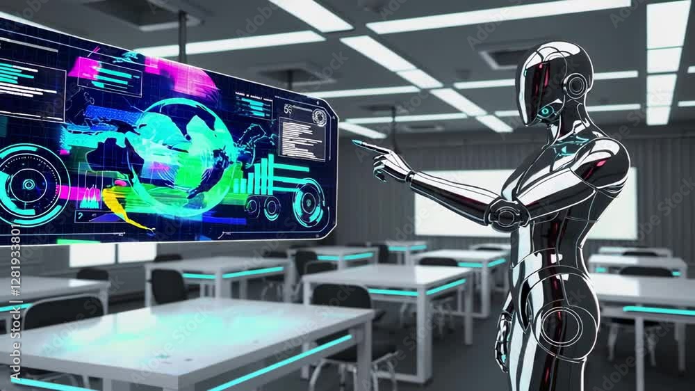 Poster Metallic chrome robot analyzing global data through interactive holographic touchscreen interface in high tech classroom learning environment, revealing futuristic educational technology