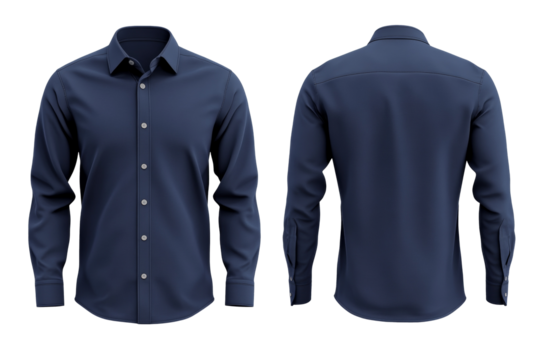 Men's long-sleeved dark blue shirt, front and back. Transparent bottom