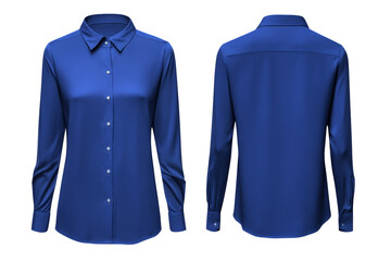 Women's long-sleeved navy blue shirt, front and back. Transparent bottom