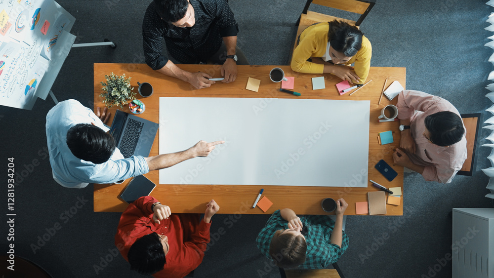 Poster top view of business people discussing and explain about plan. top view of marketing team working to