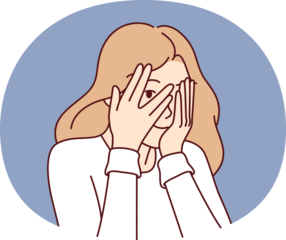 Woman covers eyes with hands and peeps, refusing to see unpleasant things and hiding from problems. Cute girl coquettishly covers face and peeps at your actions through crack in fingers