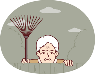 Elderly envious man neighbor peeps from behind fence spying on residents of private house. Envious male pensioner with rake looking at screen suspiciously for bad neighborhood concept.