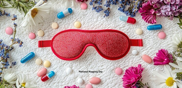 Red Sleeping Mask with 'National Napping Day' Text, Surrounded by Flowers and Pills on White Background, Flat Lay