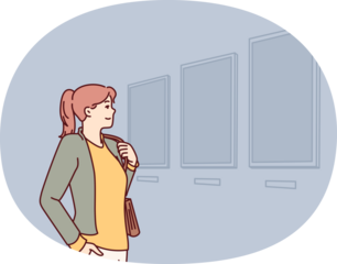 Woman visiting art gallery looks at paintings hanging on wall, painted by classical or contemporary artists. Young girl is in art exhibition hall contemplating work of famous painters.