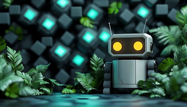 Robot in jungle, glowing background