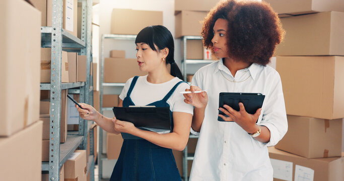 Tablet, shipping and partner with people in warehouse for storage, logistics schedule and inventory order. Planning, ecommerce and supplier checklist with employees in factory for cargo procurement - Powered by Adobe