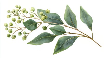 Eucalyptus branch with green leaves and buds on white background
