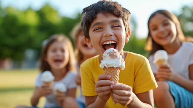 Happy children enjoying ice cream on sunny day, laughing and having fun together. joy of summer is captured in their smiles and delicious treats - Powered by Adobe