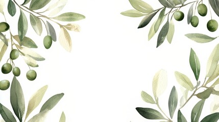 Watercolor olive branches with green leaves and berries on white background