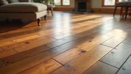 Fototapeta premium Close up on parquet flooring made from natural brown wood. Warm interior with bright sun light and blurred furniture behind. Interior design hardwood floor perfect for home living room.