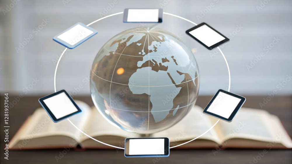 Poster transparent globe surrounded by floating tablets on open book, symbolizing global knowledge sharing