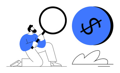 Person kneeling with magnifying glass. Large dollar sign in blue circle. Ideal for finance, investment, research, analysis, business insight, economic trends financial scrutiny. Abstract line flat