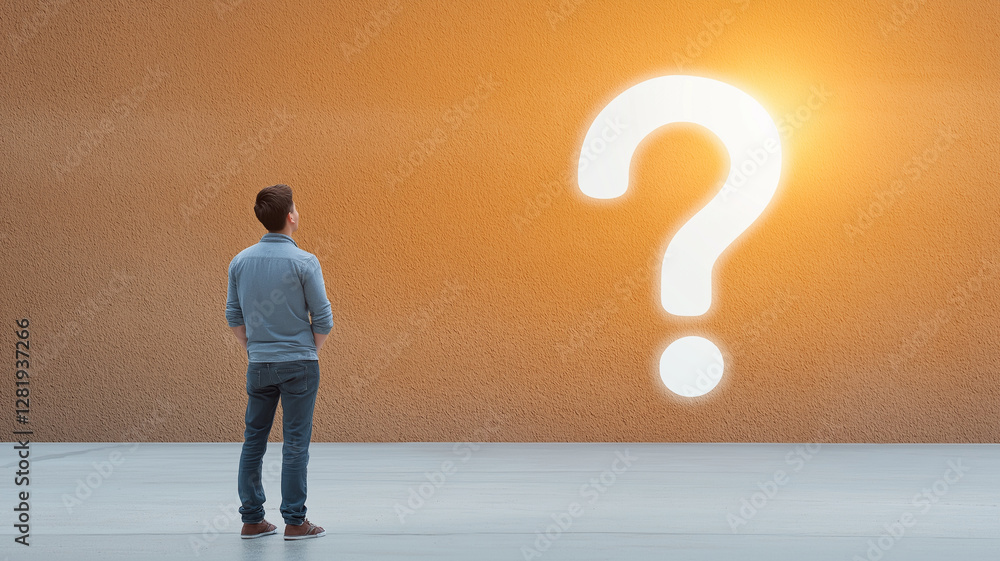 Poster man stands in front of large glowing question mark on textured wall, symbolizing curiosity and conte