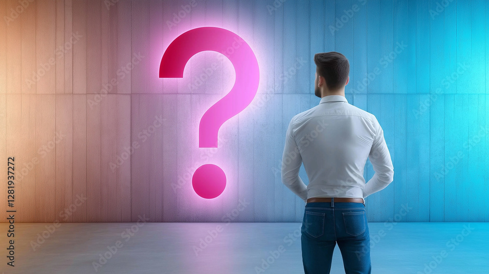 Poster man stands in front of colorful abstract wall with large glowing question mark, evoking curiosity an
