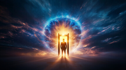 Fototapeta premium man stands in front of open door, illuminated by radiant light, symbolizing new beginnings and possibilities. vibrant cosmic background enhances sense of wonder and exploration