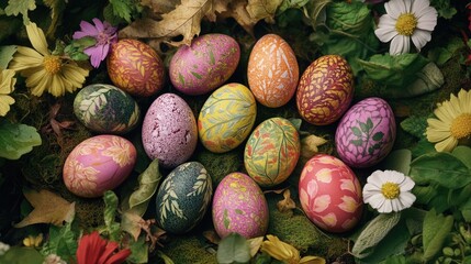 Colorful eggs in a natural setting, decorated with various patterns and representing Easter celebrations.