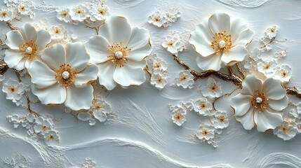 A stunning close-up of three-dimensional white flowers with gold accents on a textured background, conveying elegance and beauty.