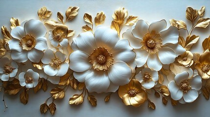 A stunning arrangement of 3D floral art featuring white and golden flowers set against a soft background, perfect for wall decor and design inspiration.