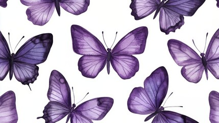 Pattern of purple butterflies with intricate wing designs on white background