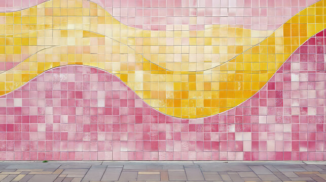 Vibrant pink and yellow tiled wall with wavy patterns for creative design - Powered by Adobe