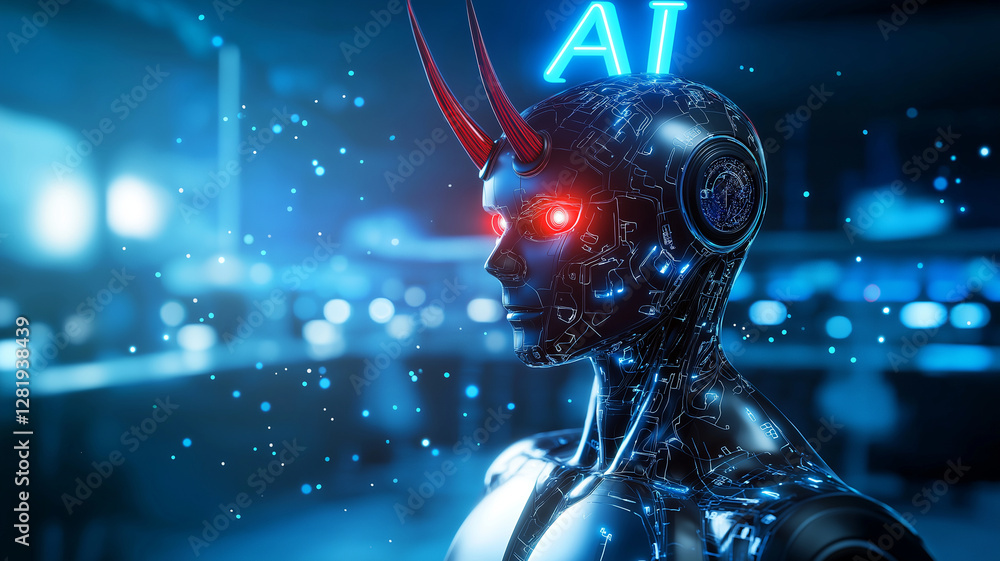 Poster futuristic robot with glowing red eyes and horns, showcasing advanced technology and artificial inte