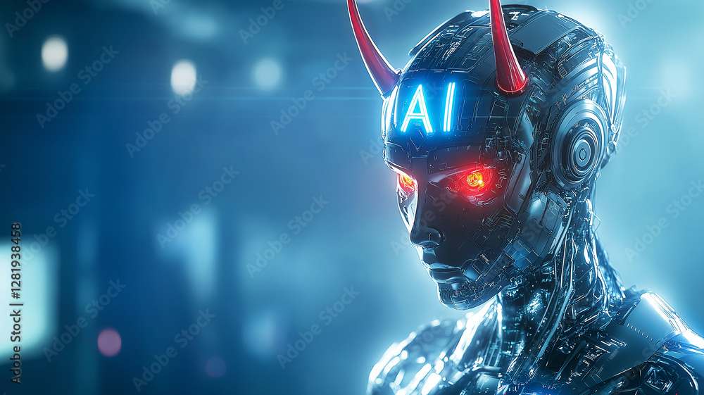 Poster futuristic robot with glowing red eyes and horns, showcasing advanced technology and artificial inte