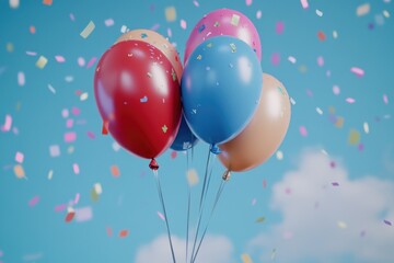 Bright and colorful balloons with streamers flying in the sky above a birthday celebration.