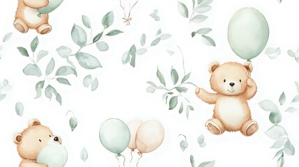 Cute watercolor pattern featuring adorable teddy bears holding balloons amidst soft green leaves, perfect for children's decor and invitations.