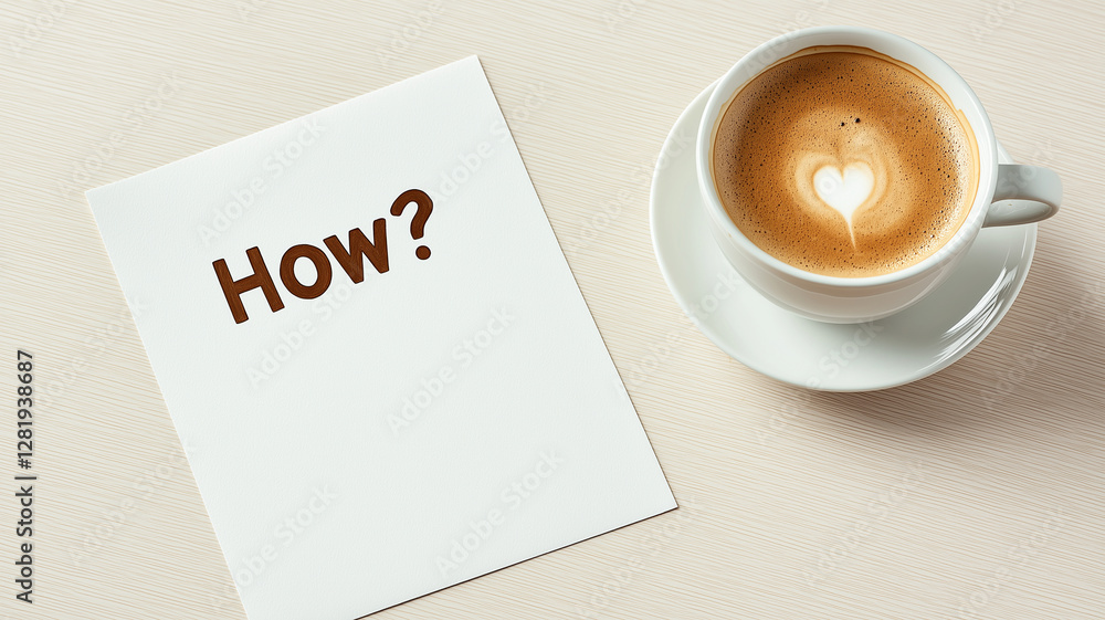 Poster sheet of paper with text how next to cup of coffee with heart shaped foam design. this evokes curios