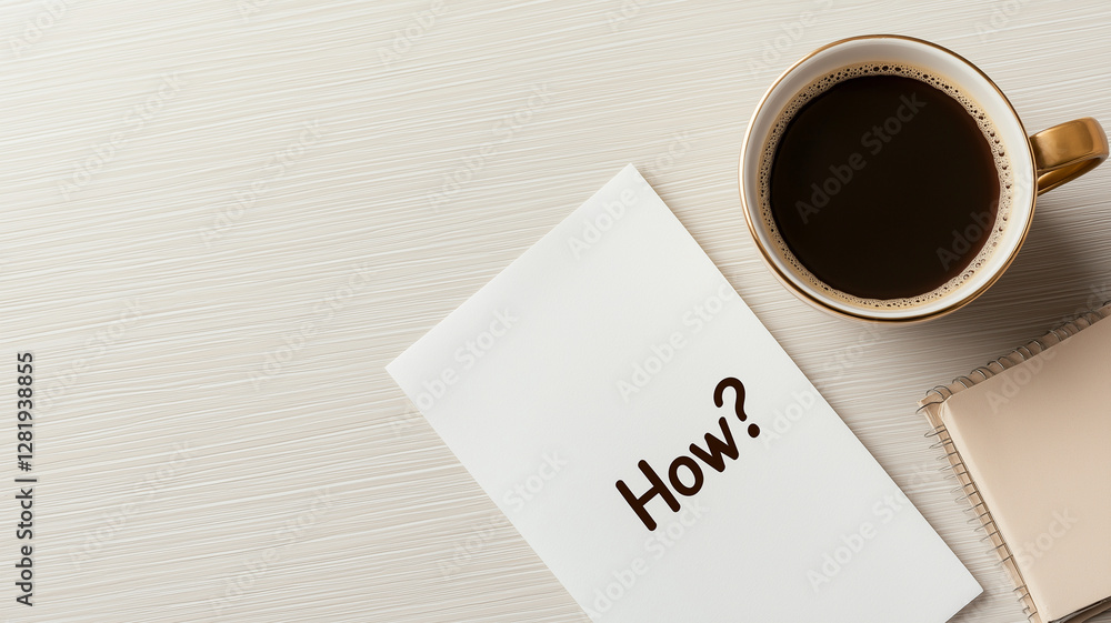 Poster sheet of paper with text how next to cup of coffee and notebook creates thoughtful atmosphere for re