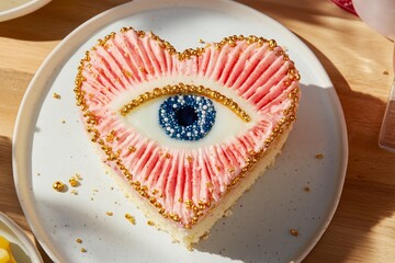 A heart-shaped cake with intricate buttercream piping, featuring a surreal, mystical eye design at the center.