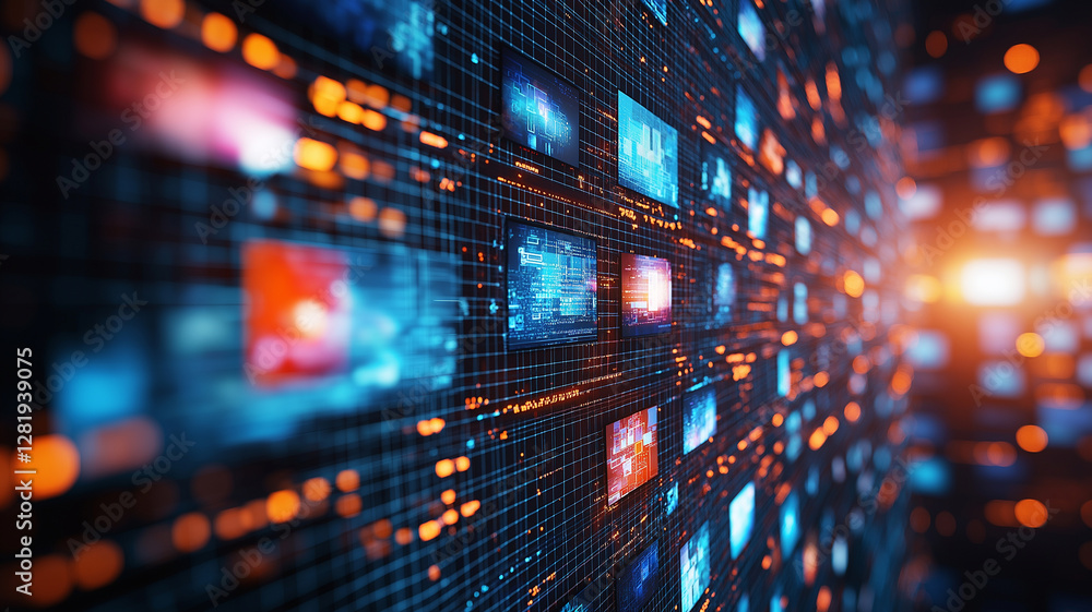 Poster wall of digital screens displaying various technology visuals, glowing with vibrant colors and intri