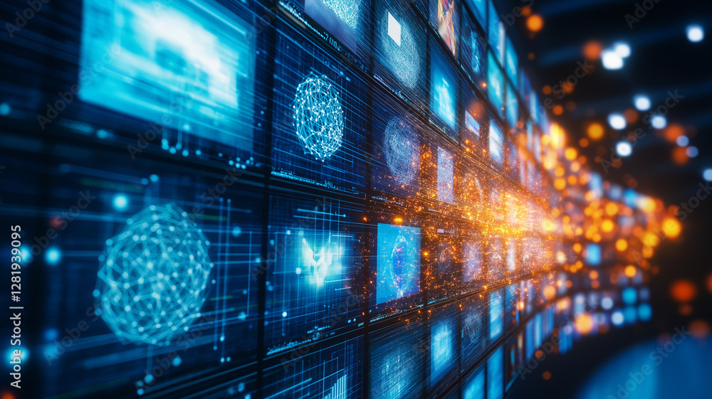 Poster wall of digital screens displays various technological visuals, creating vibrant and dynamic atmosph
