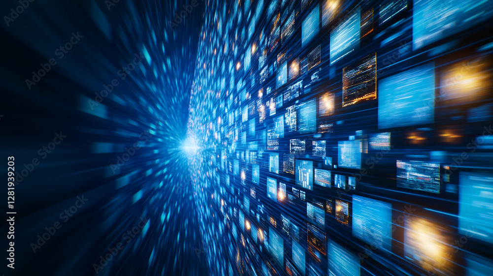 Poster dynamic wall of screens displaying vibrant news and data streams, creating sense of motion and energ