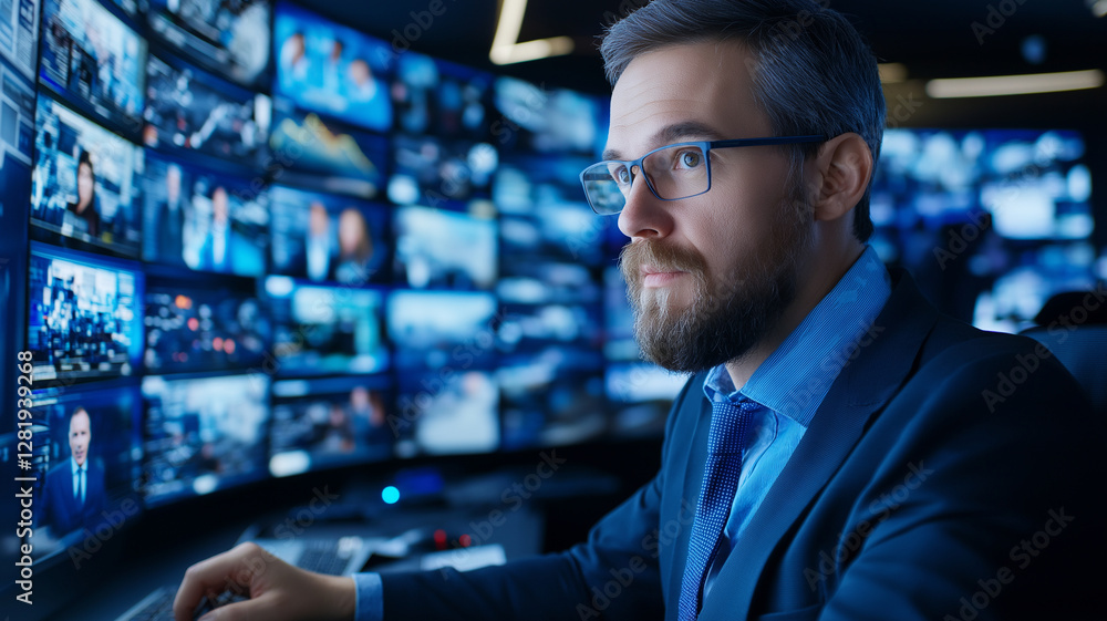 Poster focused professional monitors multiple screens displaying news and data in modern control room. atmo