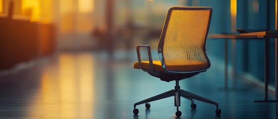 An empty office chair basking in the warm glow of a sunset, casting long shadows across a deserted workplace.