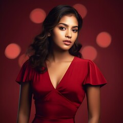 Fototapeta premium A stunning woman in a red dress, exuding elegance and confidence against a softly blurred red bokeh background. Perfect for beauty and fashion themes.